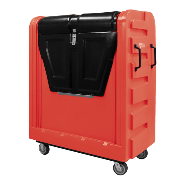 A red and black plastic container with a steel base and swivel casters.