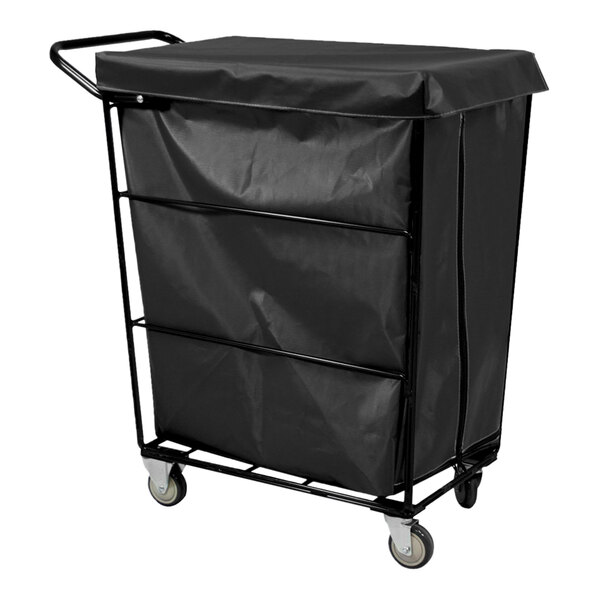 A black Royal Basket Trucks collection cart with a black cover.
