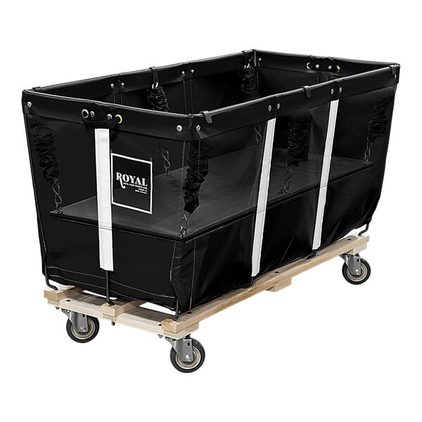 A black rectangular Royal Basket Trucks flatwork ironer cart with 4 swivel casters.