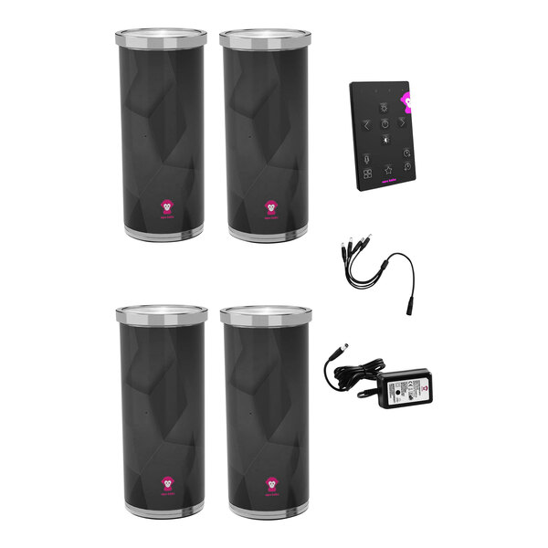A set of four black rectangular Ape Labs Can 2.0 LED lights with chargers and a remote.