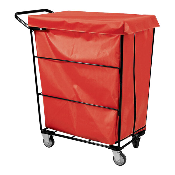 A red plastic laundry cart with wheels and black handles.
