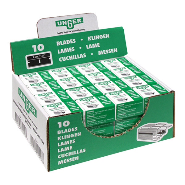 A box of 10 Unger stainless steel blades.