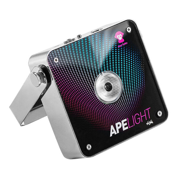 A black and silver Ape Labs Mini Battery-Powered Solo LED light with a colorful design.