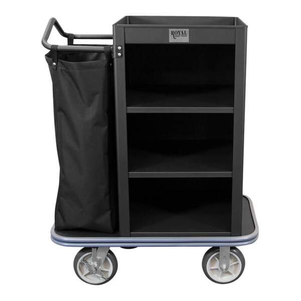 A Royal Basket Trucks black housekeeping cart with a black bag on it.