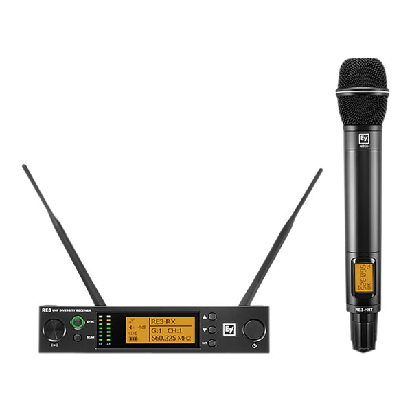A black Electro-Voice wireless microphone and device.