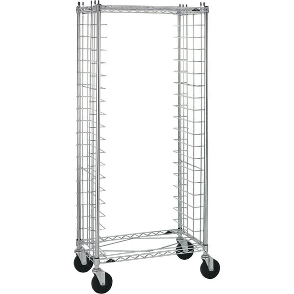 A Metro metal sheet pan rack with wheels.