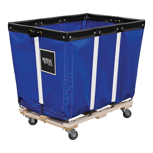 A blue vinyl Royal Basket Truck with a wood base and 2 swivel and 2 rigid casters.