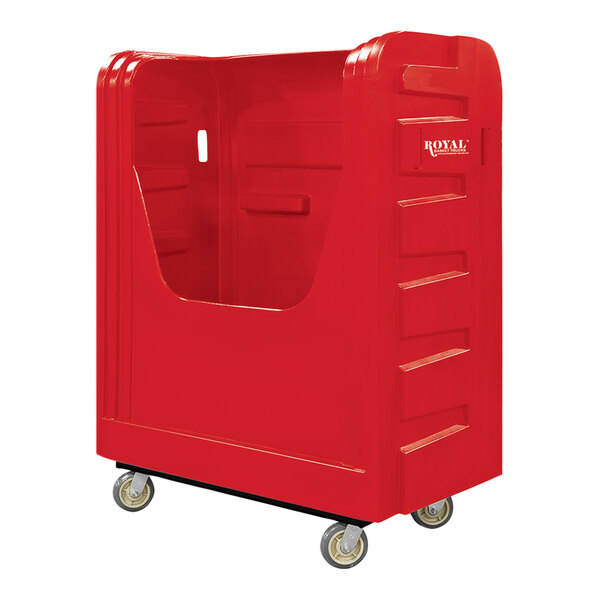 A red plastic container on wheels.