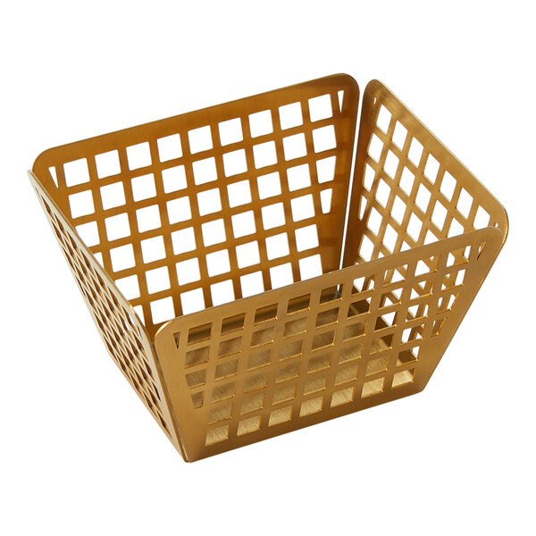 An American Metalcraft gold stainless steel fry basket with a rectangle grid and gold handle.