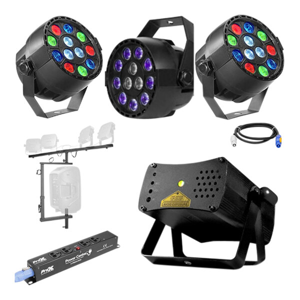 A group of four different colored lights, a black light, and a speaker on a black power strip.
