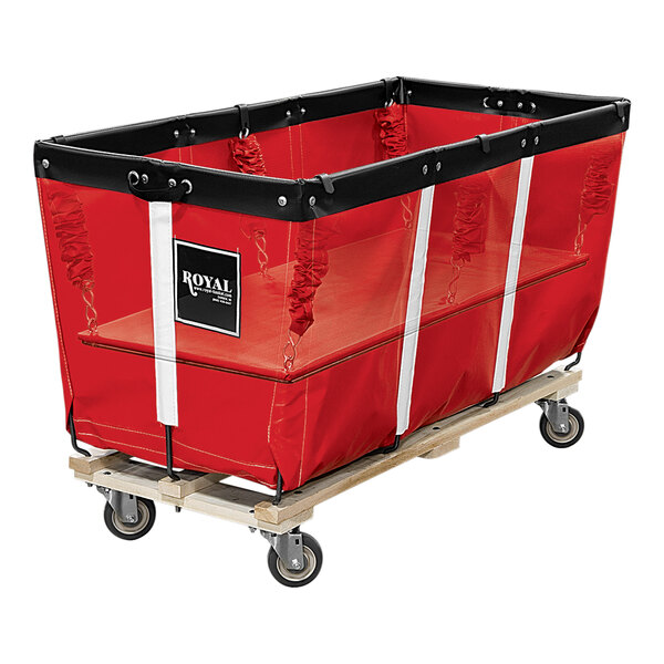 A red Royal Basket Truck fabric laundry cart with black casters.