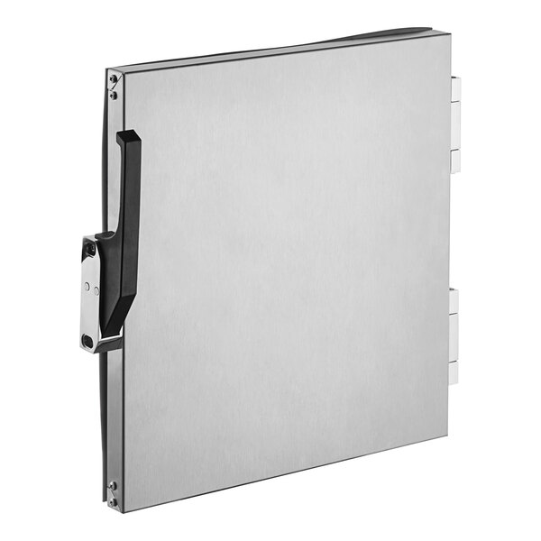A stainless steel door assembly for a Cooking Performance Group cook and hold oven with a black handle.