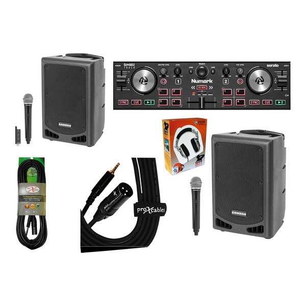 A group of battery-powered DJ equipment including a speaker, microphone, and headphones.
