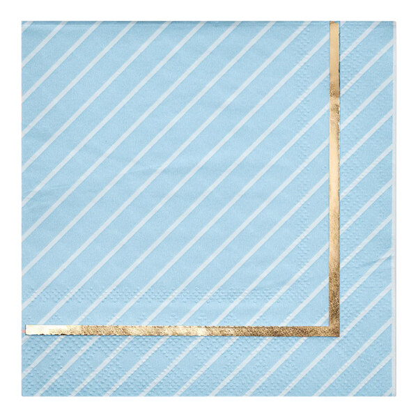 A blue and white striped napkin with a gold border.