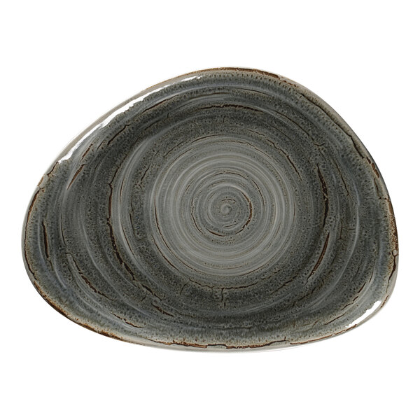 A grey RAK Porcelain flat plate with a spiral pattern.