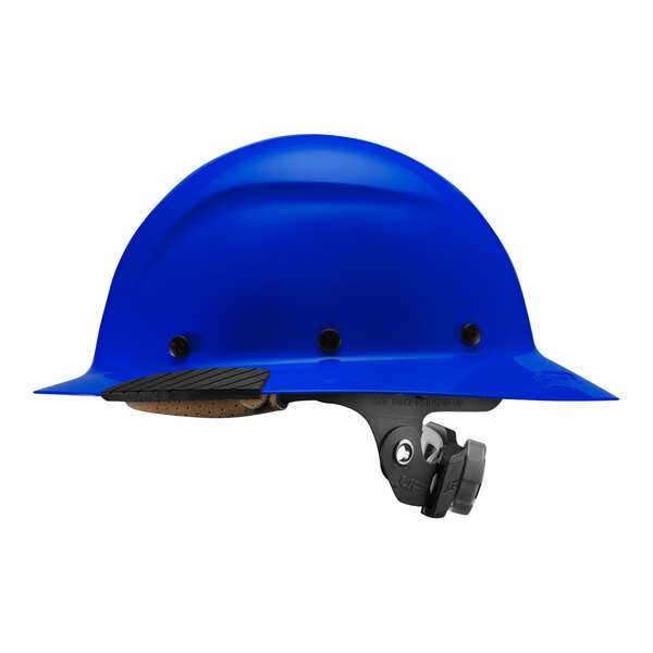 A blue Lift Safety Dax hard hat with black straps.
