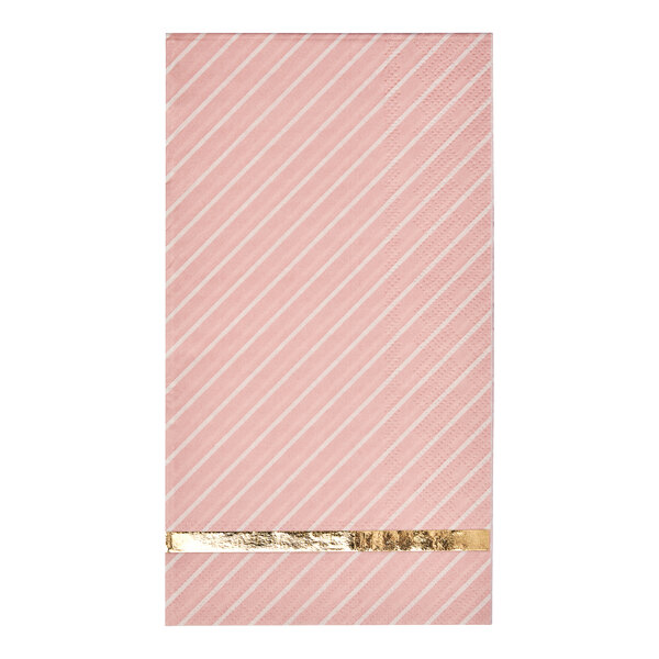 A Sophistiplate paper guest towel with pink and white stripes and a gold stripe.