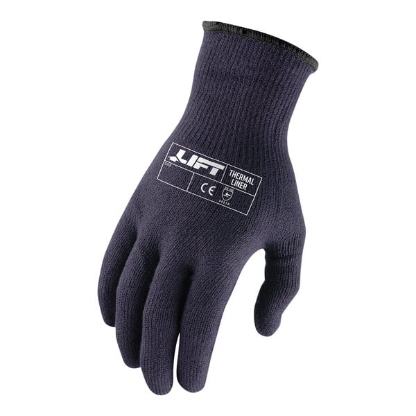 A black Lift Safety glove liner with a white logo on it.