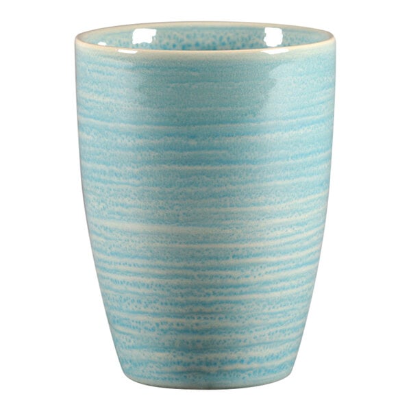 A blue and white striped RAK Porcelain mug.