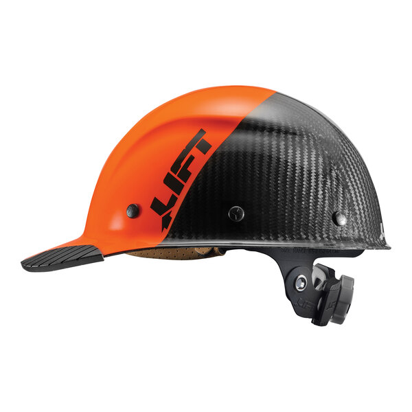 A Lift Safety Dax Fifty50 hard hat with a black and orange design.
