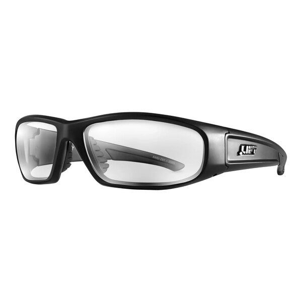 A pair of matte black Lift Safety glasses with clear lenses.