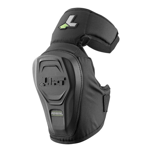 A black Lift Safety hardshell knee guard with a green logo.