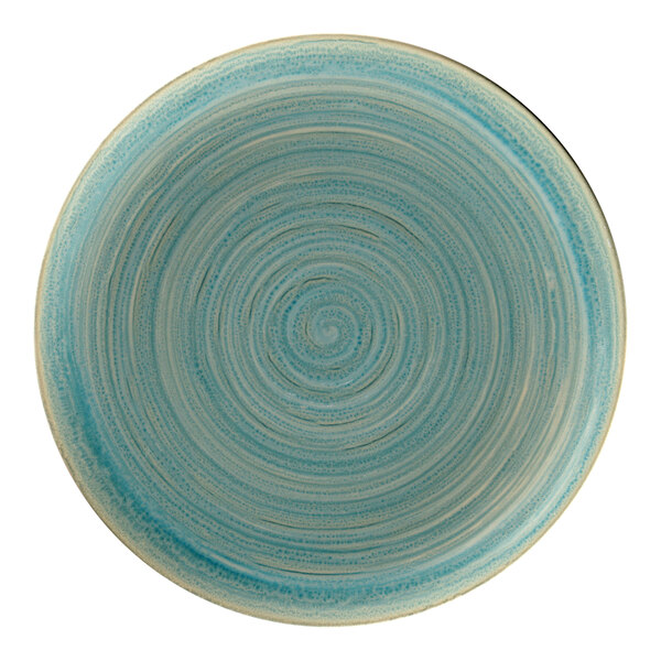 A blue RAK Porcelain flat coupe plate with a white spiral design.