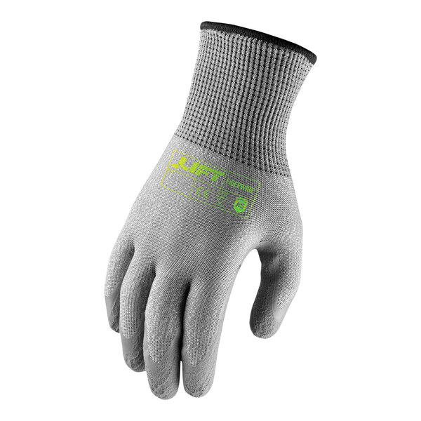 A grey Lift Safety nitrile microfoam winter glove with green text.