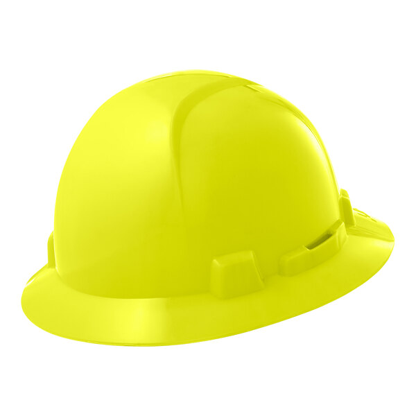 A Lift Safety yellow hard hat with full brim and ratchet suspension.