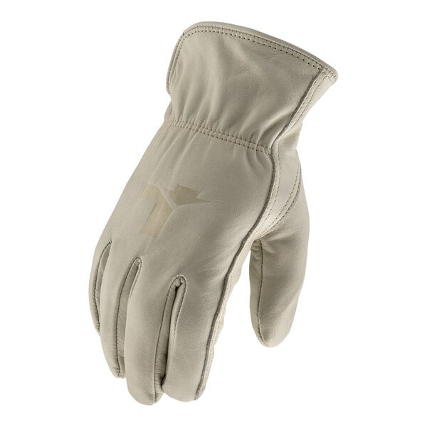 A tan leather Lift Safety winter glove with a logo on the back.