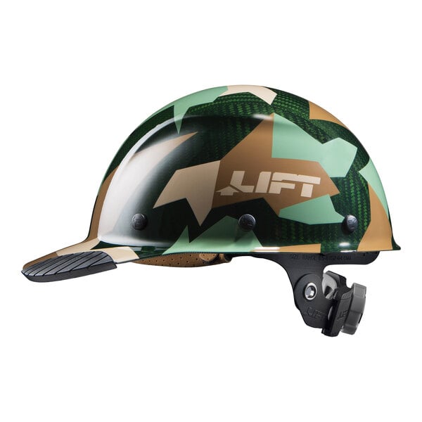 A Lift Safety Dax carbon fiber hard hat with a camouflage brim.