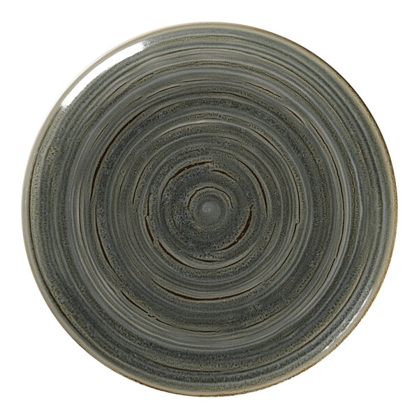 A grey RAK Porcelain flat coupe plate with a blue dot spiral design.