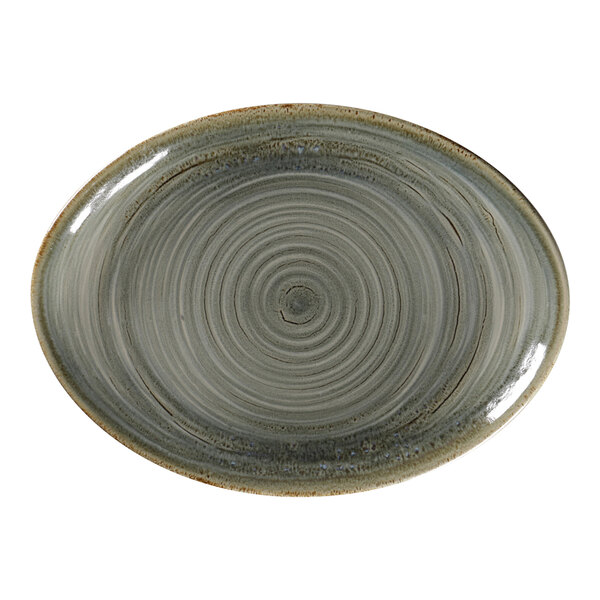 A gray oval RAK Porcelain platter with a spiral pattern.