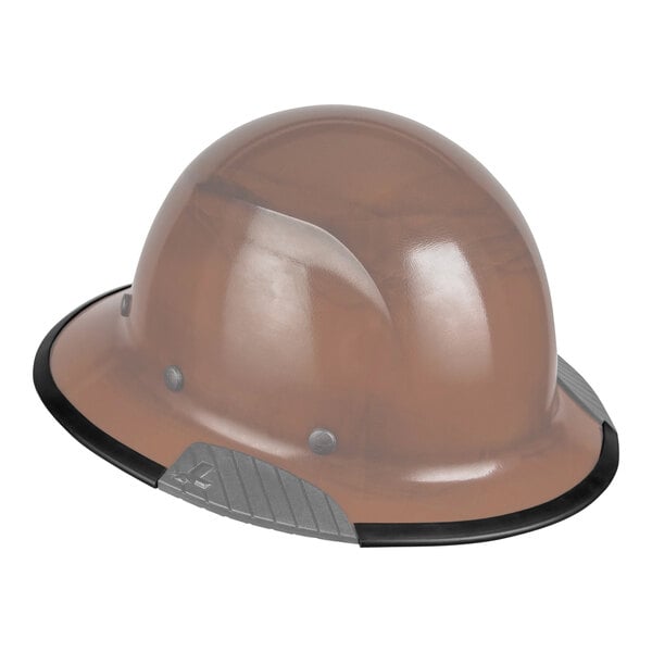 A brown hard hat with a black brim guard.