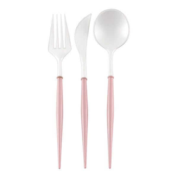 White plastic cutlery with pink tips.