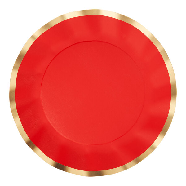 A red paper dinner plate with a wavy gold rim.