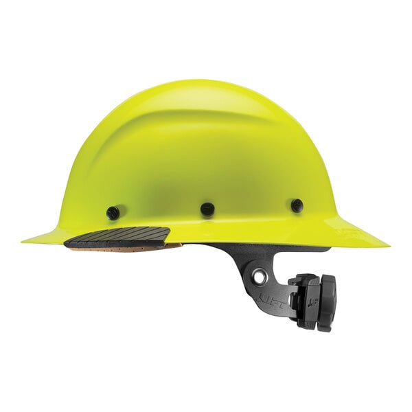 A yellow Lift Safety Dax hard hat with black straps.