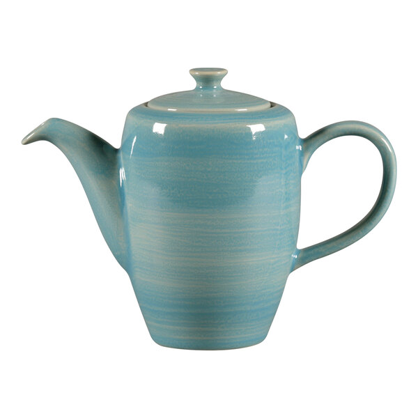 A white porcelain teapot with a blue lid.