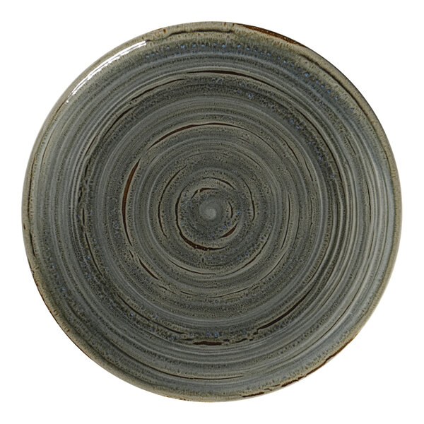 A close up of a RAK Porcelain peridot flat coupe plate with a spiraling grey and black swirl design.