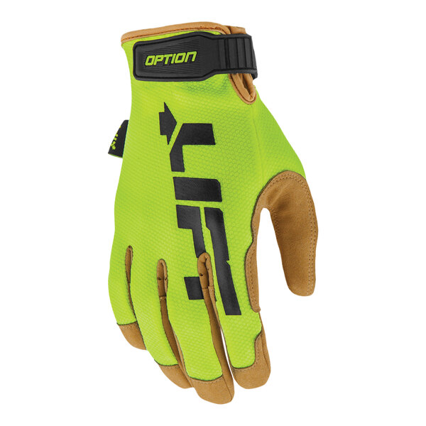 A close-up of a neon yellow and black Lift Safety winter glove with Thinsulate lining.