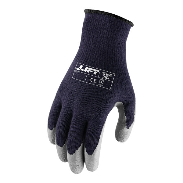 A pair of Lift Safety medium gloves with crinkle latex palm coating in blue and grey.