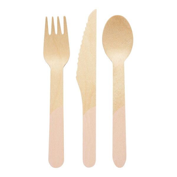 Sophistiplate ECO Blush Birchwood Cutlery with wooden spoons, forks, and knives.