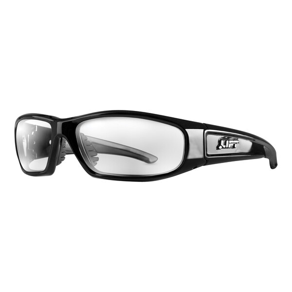 A close up of Lift Safety Switch Safety Glasses in gloss black with clear lenses.