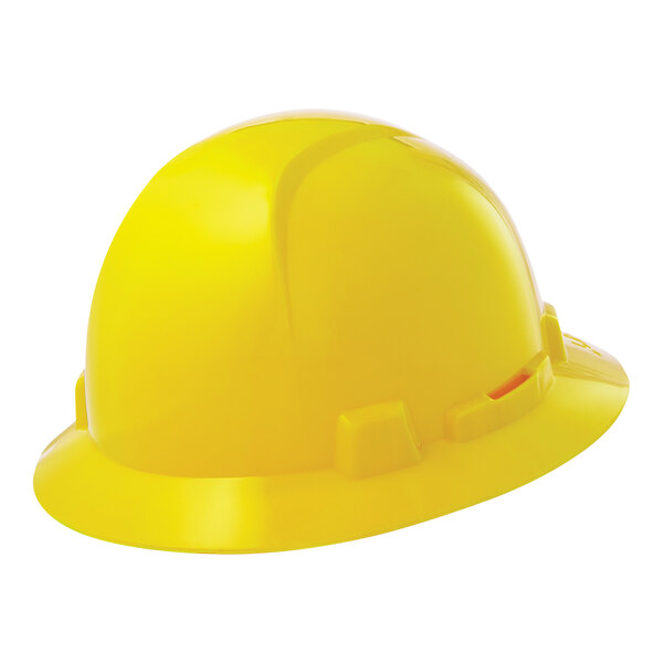 A yellow Lift Safety full brim hard hat with ratchet suspension.