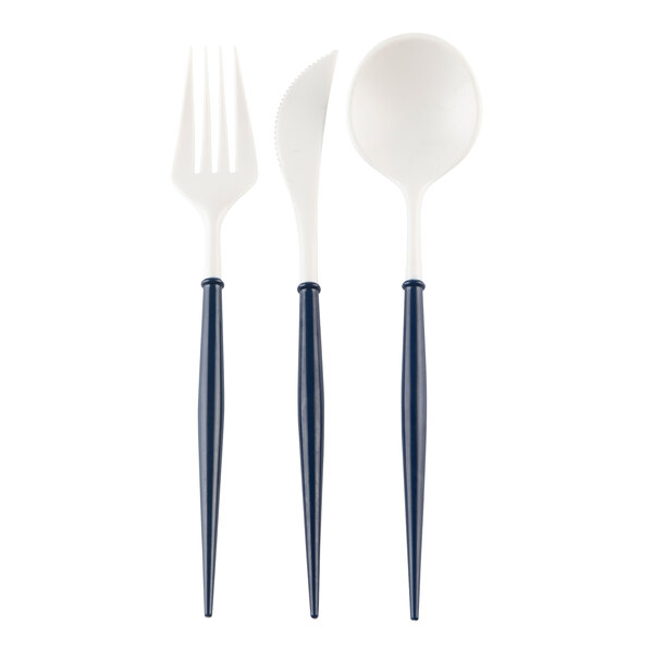 Sophistiplate white plastic cutlery with blue handles. Three forks and spoons.