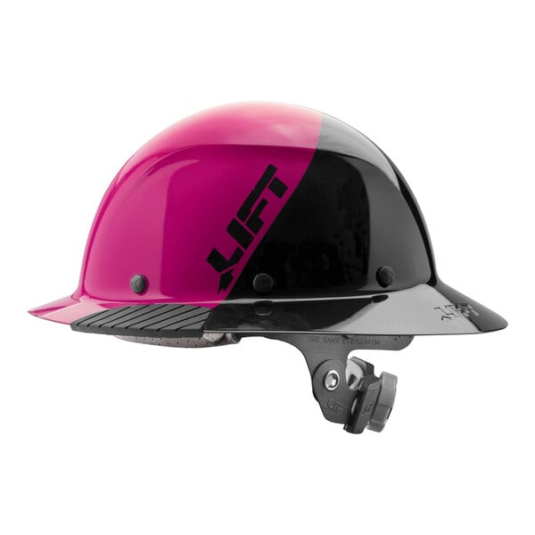 A pink and black Lift Safety hard hat with a pink and black stripe.