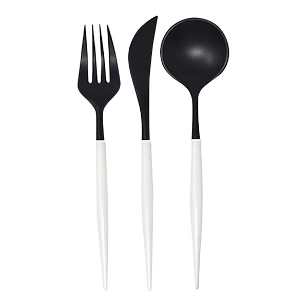 Sophistiplate Bella black and white plastic cutlery set with a black spoon, fork, and knife.