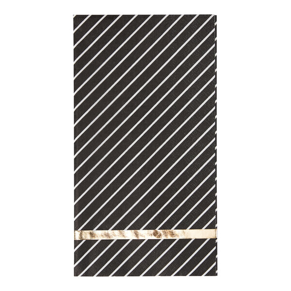A close-up of a black and white striped Sophistiplate guest towel.