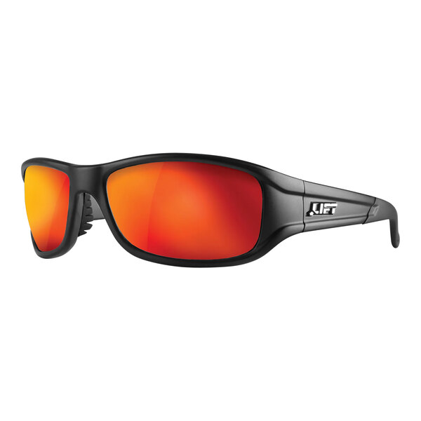 A pair of Lift Safety Alias safety glasses with matte black frames and red revo lenses.