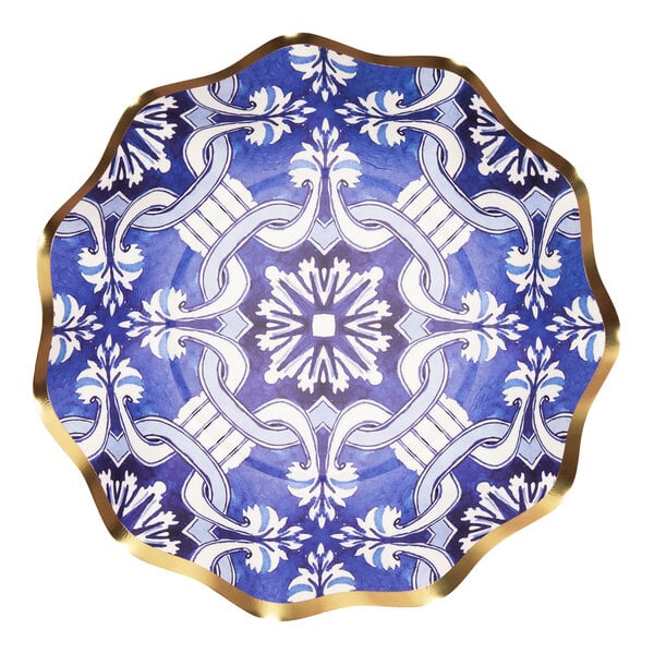 A Sophistiplate blue and white paper bowl with gold trim.